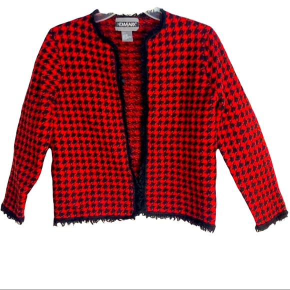 Nouveaux 100% wool open front red and black plaid sweater with frayed edges - Picture 1 of 5